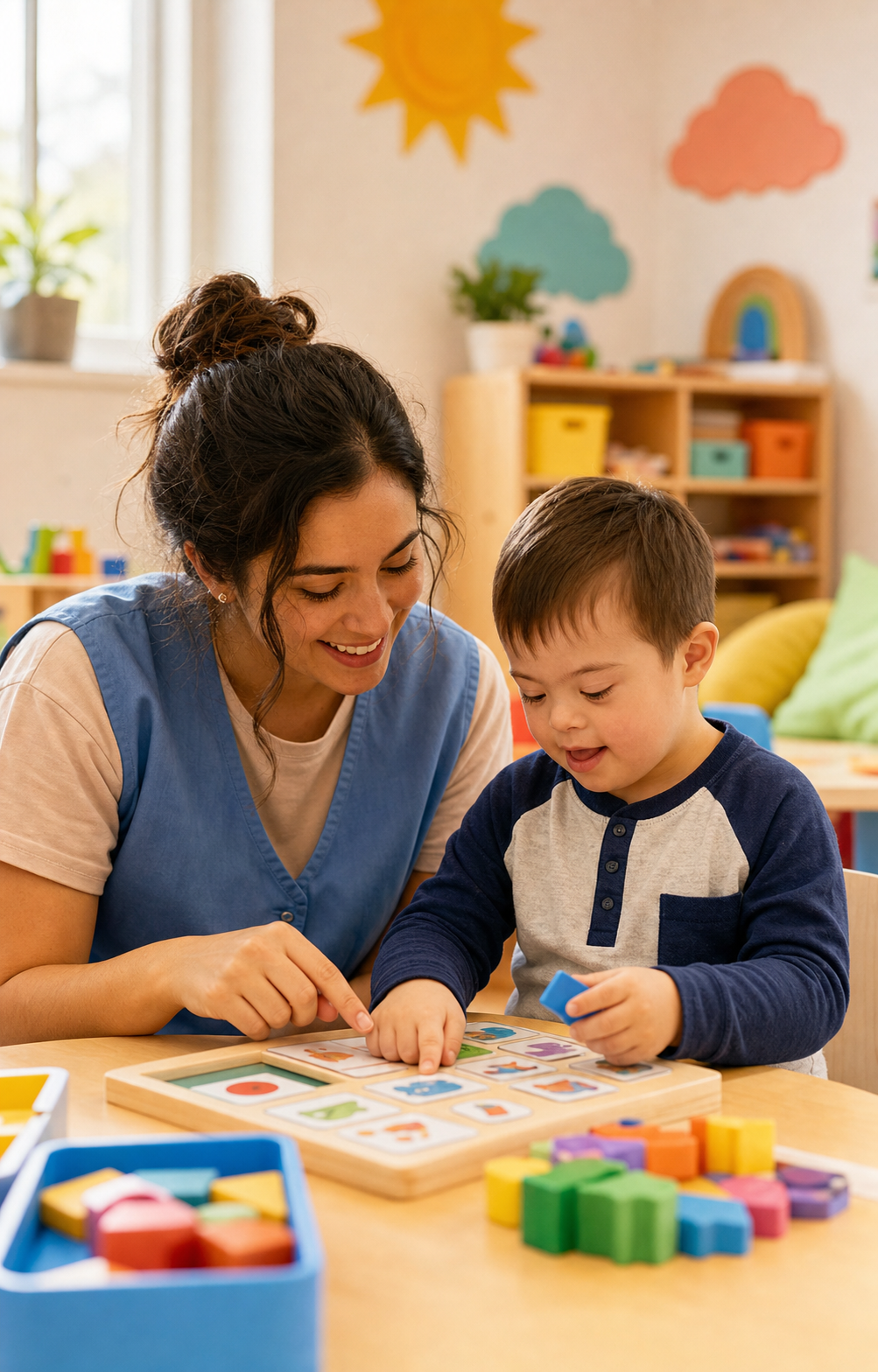 A caregiver helping a child with a puzzle in a bright classroom.